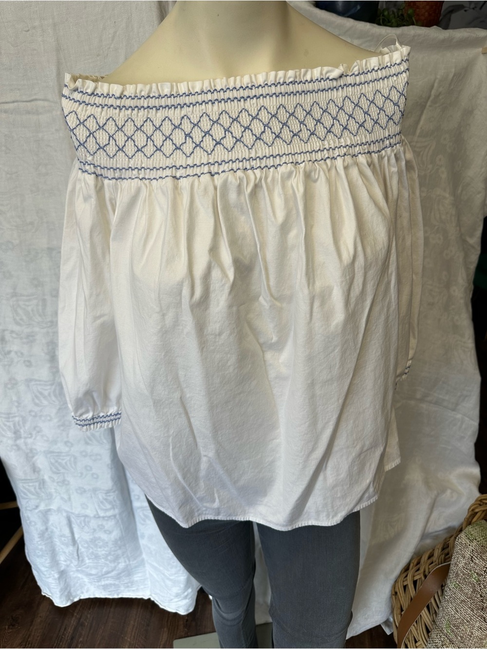 Vineyard Vines White Off-Shoulder Top with Blue Smocked Detail
